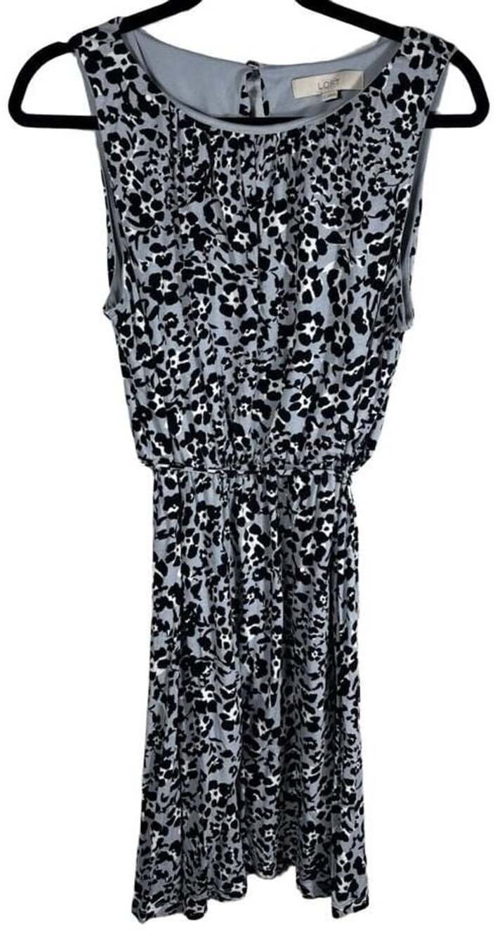 LOFT Gray Black Floral Print Sleeveless Elastic Waist Dress Size L
